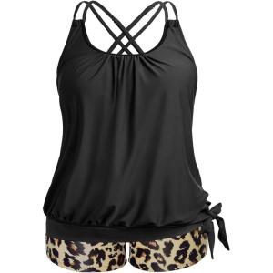 imageHolipick Women Plus Size Two Piece Tankini Swimsuit Tummy Control Bathing Suits Blouson Tankini Top with Boy ShortsBlack Leopard