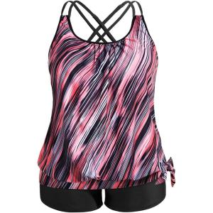 imageHolipick Women Plus Size Two Piece Tankini Swimsuit Tummy Control Bathing Suits Blouson Tankini Top with Boy ShortsBlack Pink Stripe