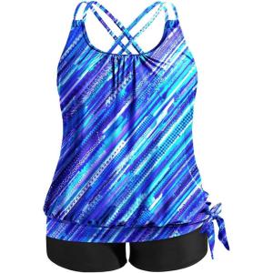 imageHolipick Women Plus Size Two Piece Tankini Swimsuit Tummy Control Bathing Suits Blouson Tankini Top with Boy ShortsBlue Diagonal Stripe