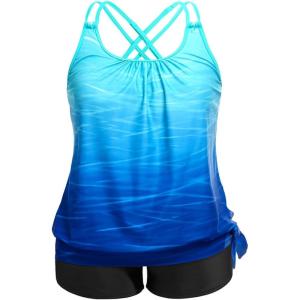 imageHolipick Women Plus Size Two Piece Tankini Swimsuit Tummy Control Bathing Suits Blouson Tankini Top with Boy ShortsBlue Gradient
