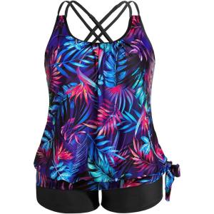 imageHolipick Women Plus Size Two Piece Tankini Swimsuit Tummy Control Bathing Suits Blouson Tankini Top with Boy ShortsBlue Leaves
