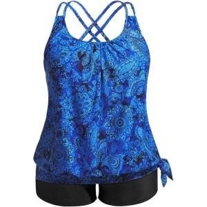 imageHolipick Women Plus Size Two Piece Tankini Swimsuit Tummy Control Bathing Suits Blouson Tankini Top with Boy ShortsBlue Paisley