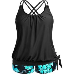 imageHolipick Women Plus Size Two Piece Tankini Swimsuit Tummy Control Bathing Suits Blouson Tankini Top with Boy ShortsGreen Flower