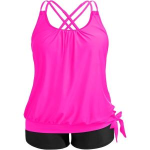 imageHolipick Women Plus Size Two Piece Tankini Swimsuit Tummy Control Bathing Suits Blouson Tankini Top with Boy ShortsHot Pink and Black