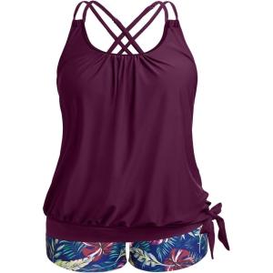 imageHolipick Women Plus Size Two Piece Tankini Swimsuit Tummy Control Bathing Suits Blouson Tankini Top with Boy ShortsPurple Leaf