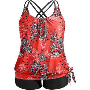 imageHolipick Women Plus Size Two Piece Tankini Swimsuit Tummy Control Bathing Suits Blouson Tankini Top with Boy ShortsRed Floral