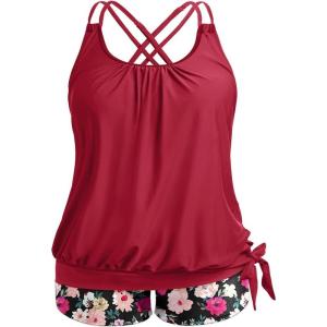 imageHolipick Women Plus Size Two Piece Tankini Swimsuit Tummy Control Bathing Suits Blouson Tankini Top with Boy ShortsRed Flower