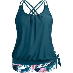 imageHolipick Women Plus Size Two Piece Tankini Swimsuit Tummy Control Bathing Suits Blouson Tankini Top with Boy ShortsTeal Flower