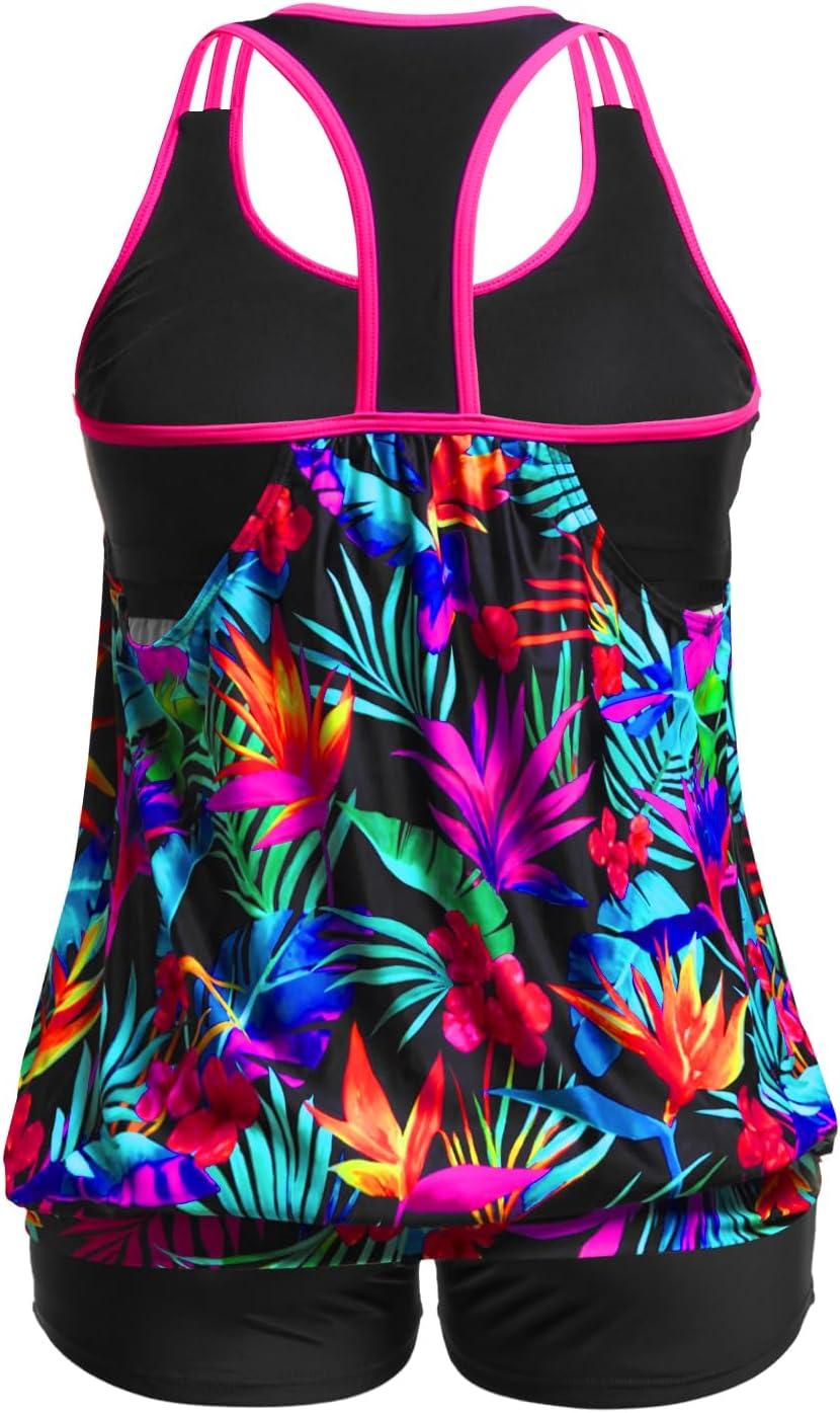 imageHolipick Plus Size Tankini Swimsuit for Women Two Piece Tummy Control Bathing Suit Blouson Racerback Tankini Top with ShortsColorful Leaves