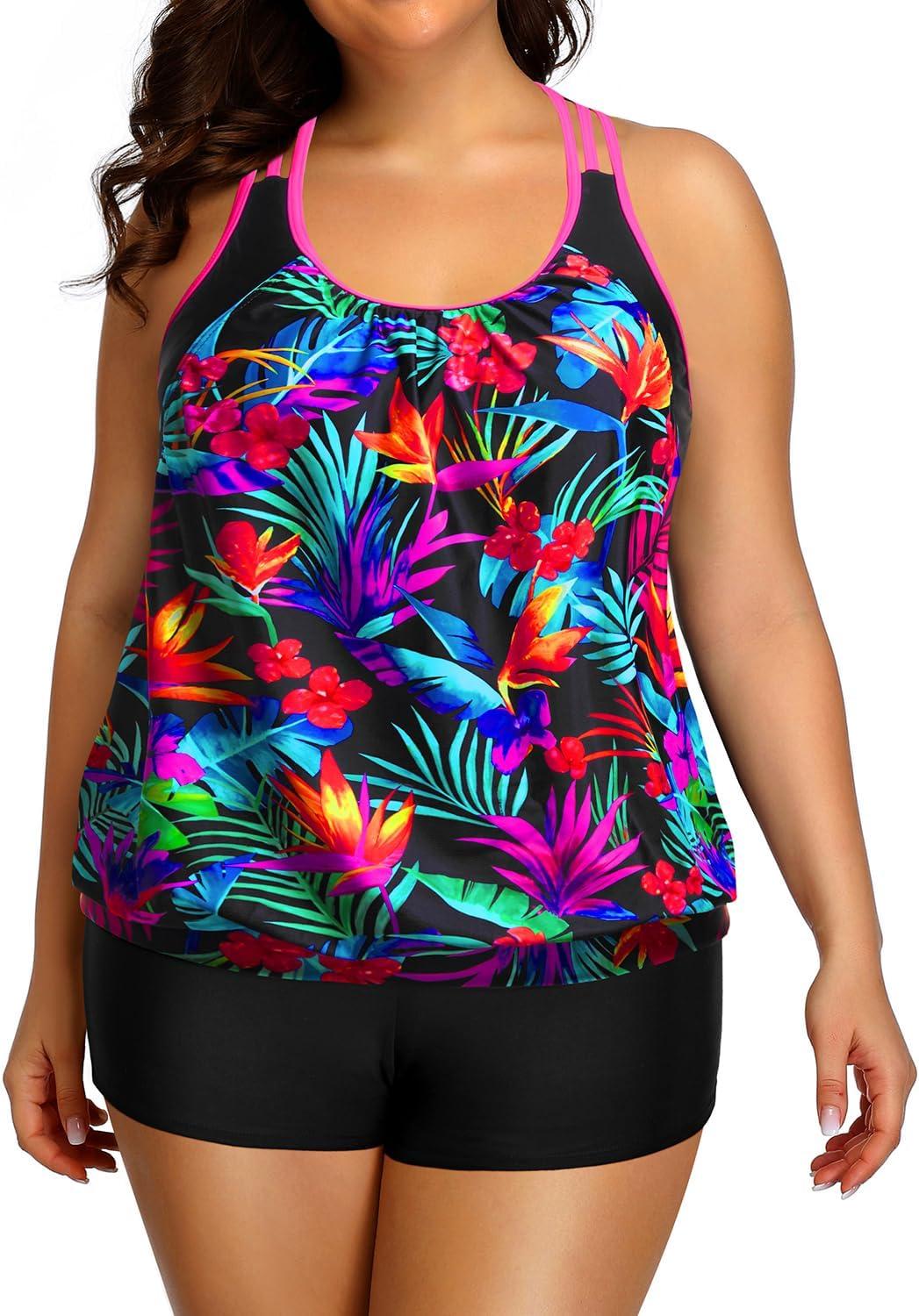 imageHolipick Plus Size Tankini Swimsuit for Women Two Piece Tummy Control Bathing Suit Blouson Racerback Tankini Top with ShortsColorful Leaves