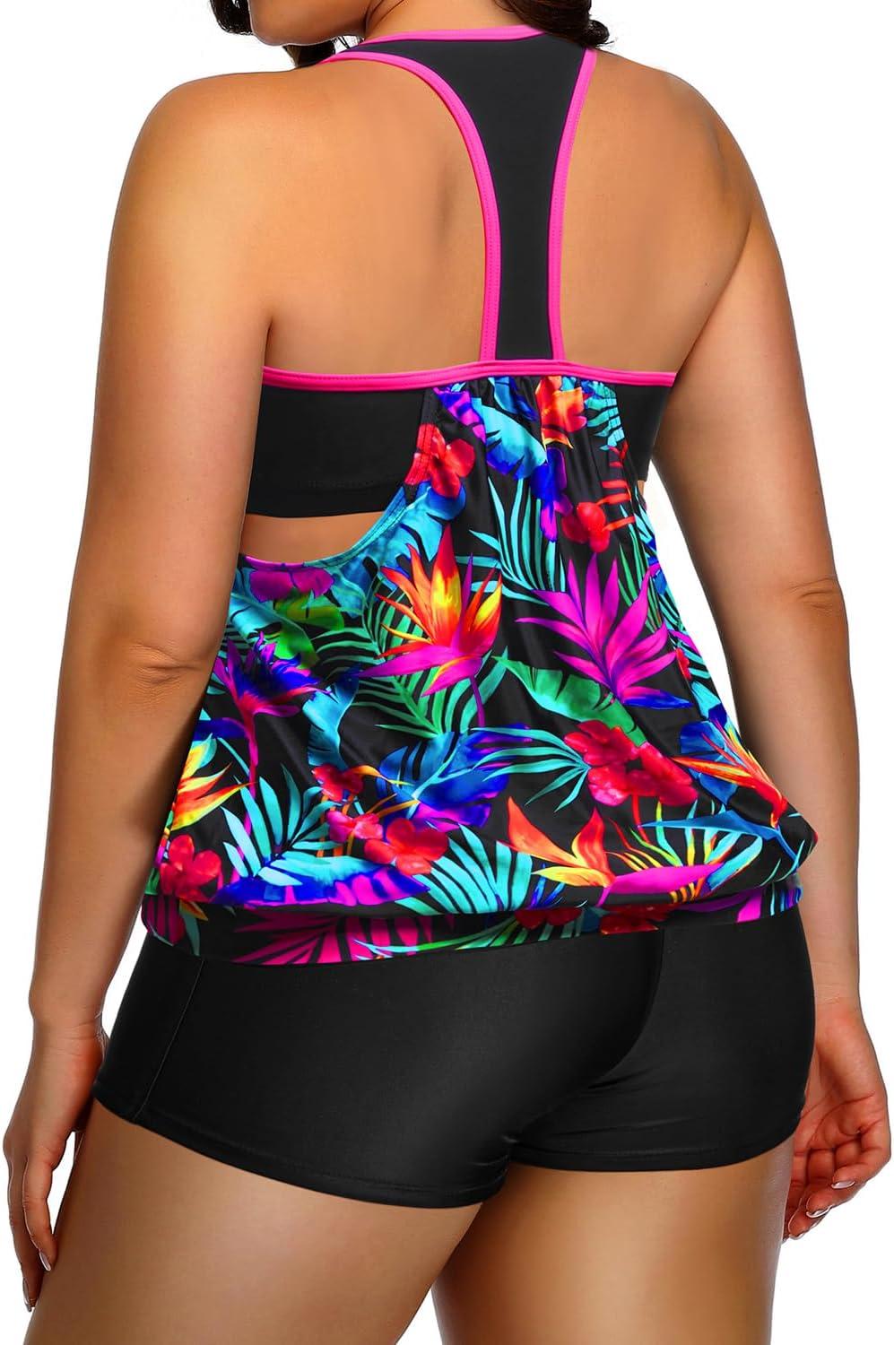 imageHolipick Plus Size Tankini Swimsuit for Women Two Piece Tummy Control Bathing Suit Blouson Racerback Tankini Top with ShortsColorful Leaves