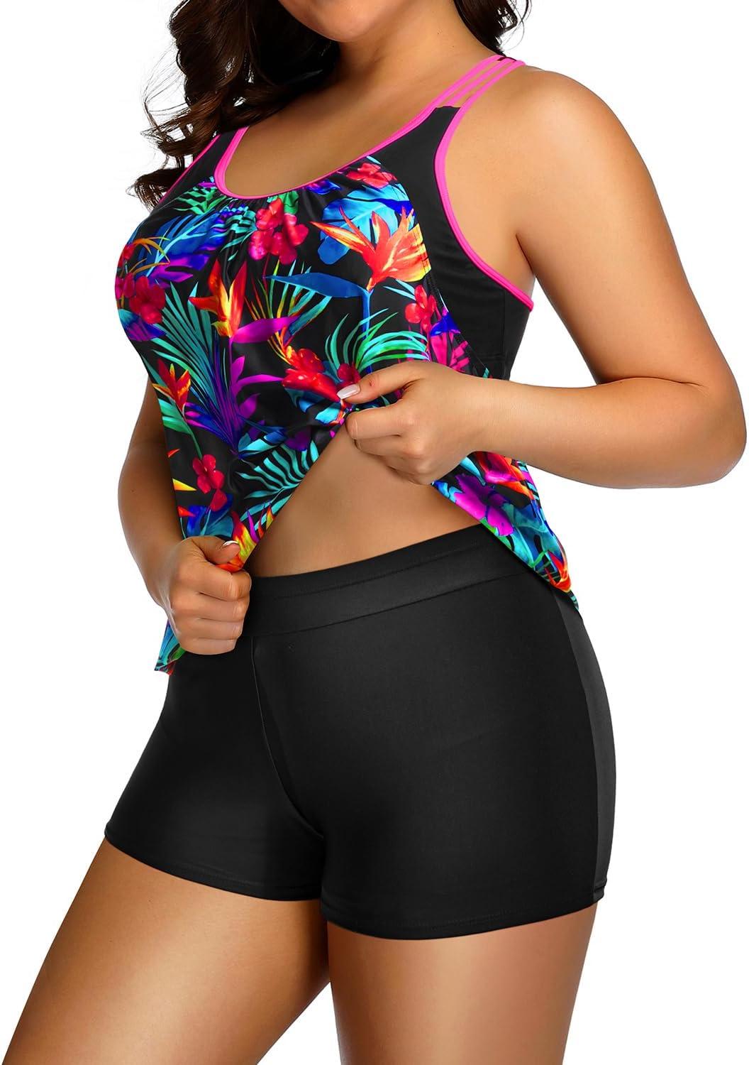 imageHolipick Plus Size Tankini Swimsuit for Women Two Piece Tummy Control Bathing Suit Blouson Racerback Tankini Top with ShortsColorful Leaves