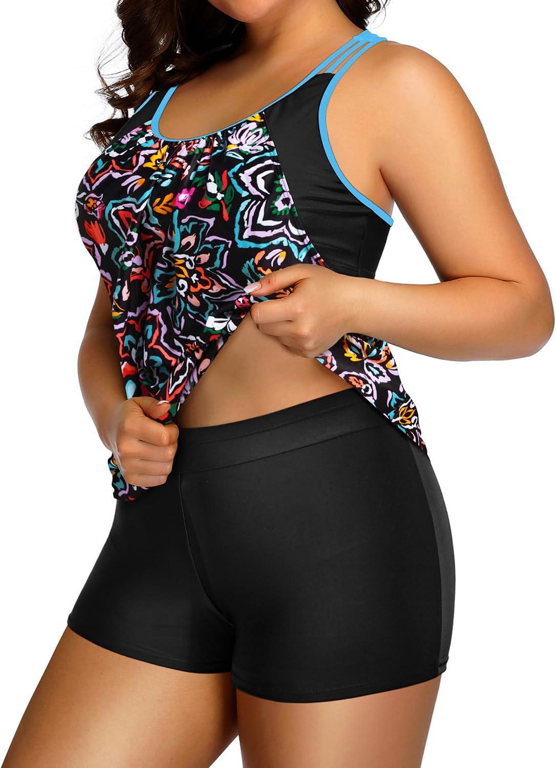 imageHolipick Plus Size Tankini Swimsuit for Women Two Piece Tummy Control Bathing Suit Blouson Racerback Tankini Top with ShortsColorful Paisley