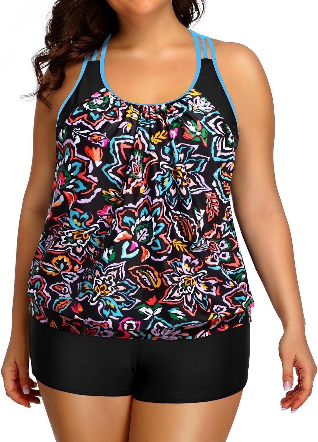 imageHolipick Plus Size Tankini Swimsuit for Women Two Piece Tummy Control Bathing Suit Blouson Racerback Tankini Top with ShortsColorful Paisley