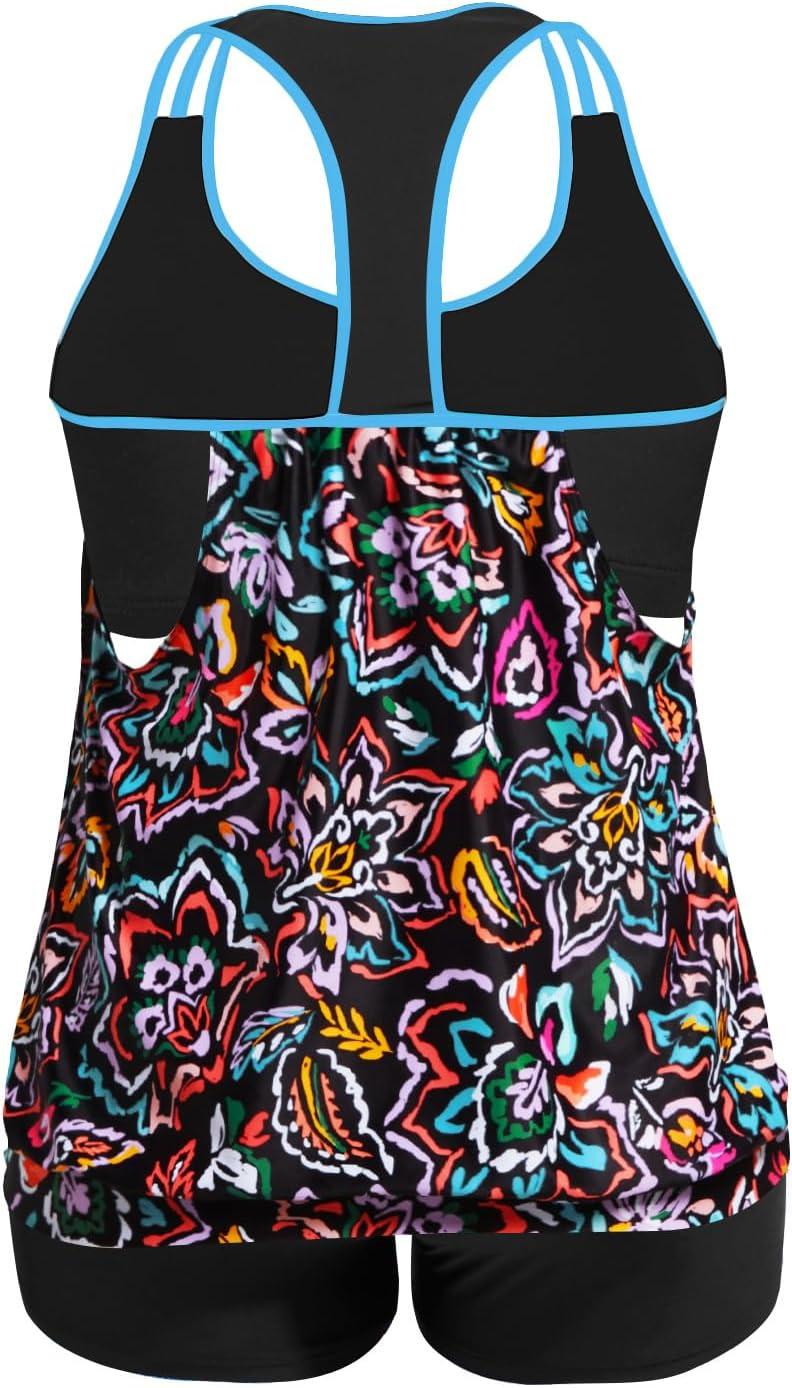 imageHolipick Plus Size Tankini Swimsuit for Women Two Piece Tummy Control Bathing Suit Blouson Racerback Tankini Top with ShortsColorful Paisley
