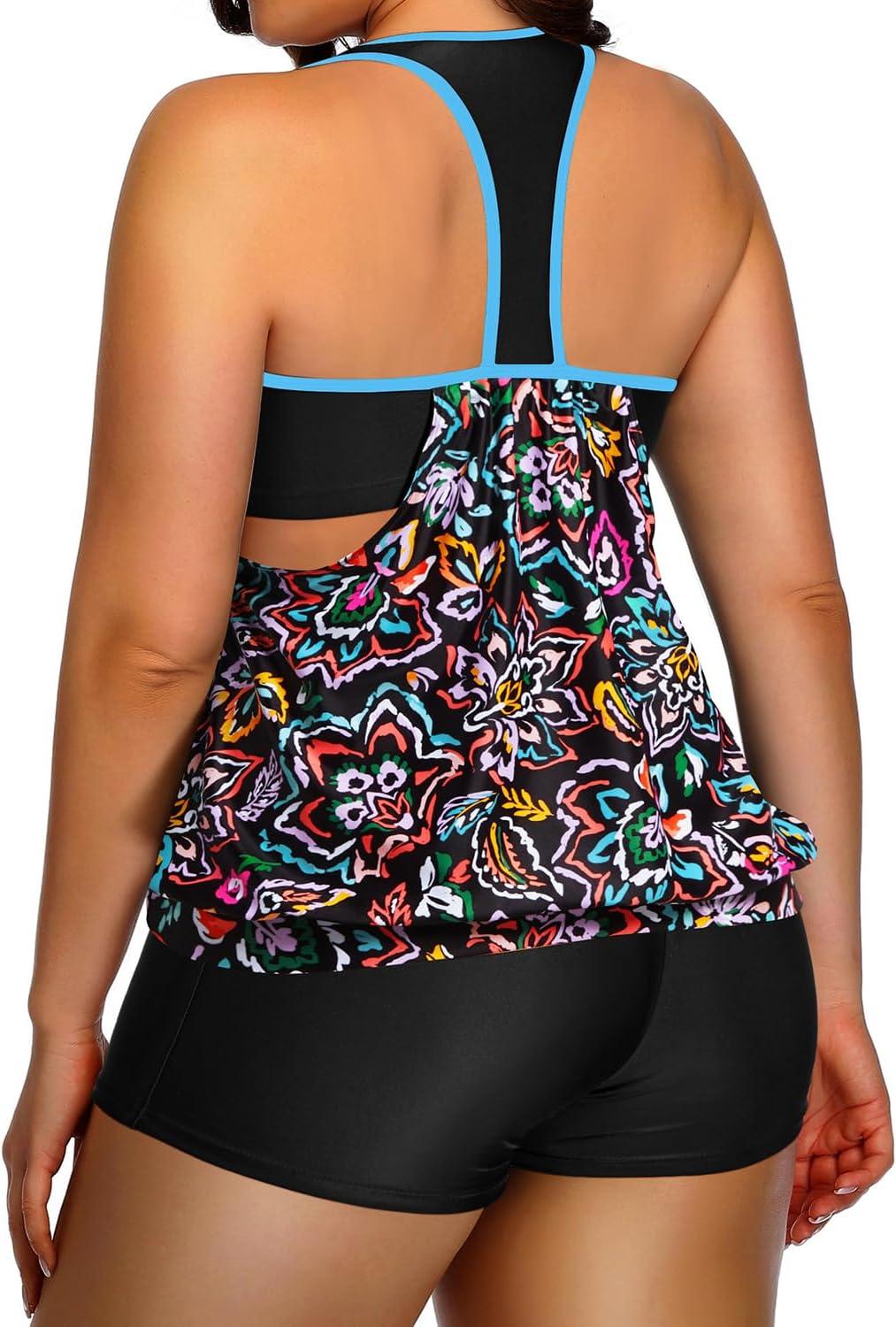 imageHolipick Plus Size Tankini Swimsuit for Women Two Piece Tummy Control Bathing Suit Blouson Racerback Tankini Top with ShortsColorful Paisley