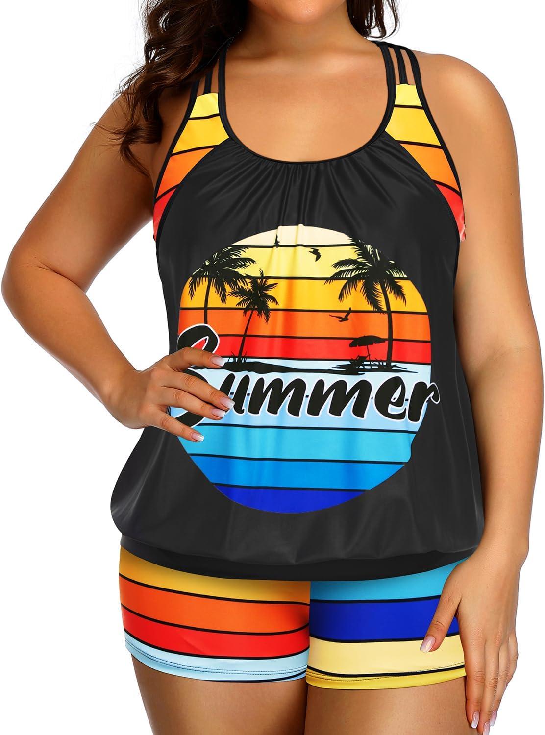 imageHolipick Plus Size Tankini Swimsuit for Women Two Piece Tummy Control Bathing Suit Blouson Racerback Tankini Top with ShortsColorful Palm Tree