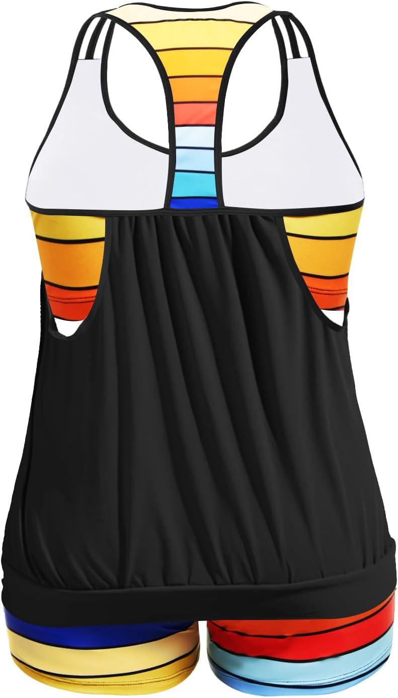 imageHolipick Plus Size Tankini Swimsuit for Women Two Piece Tummy Control Bathing Suit Blouson Racerback Tankini Top with ShortsColorful Palm Tree