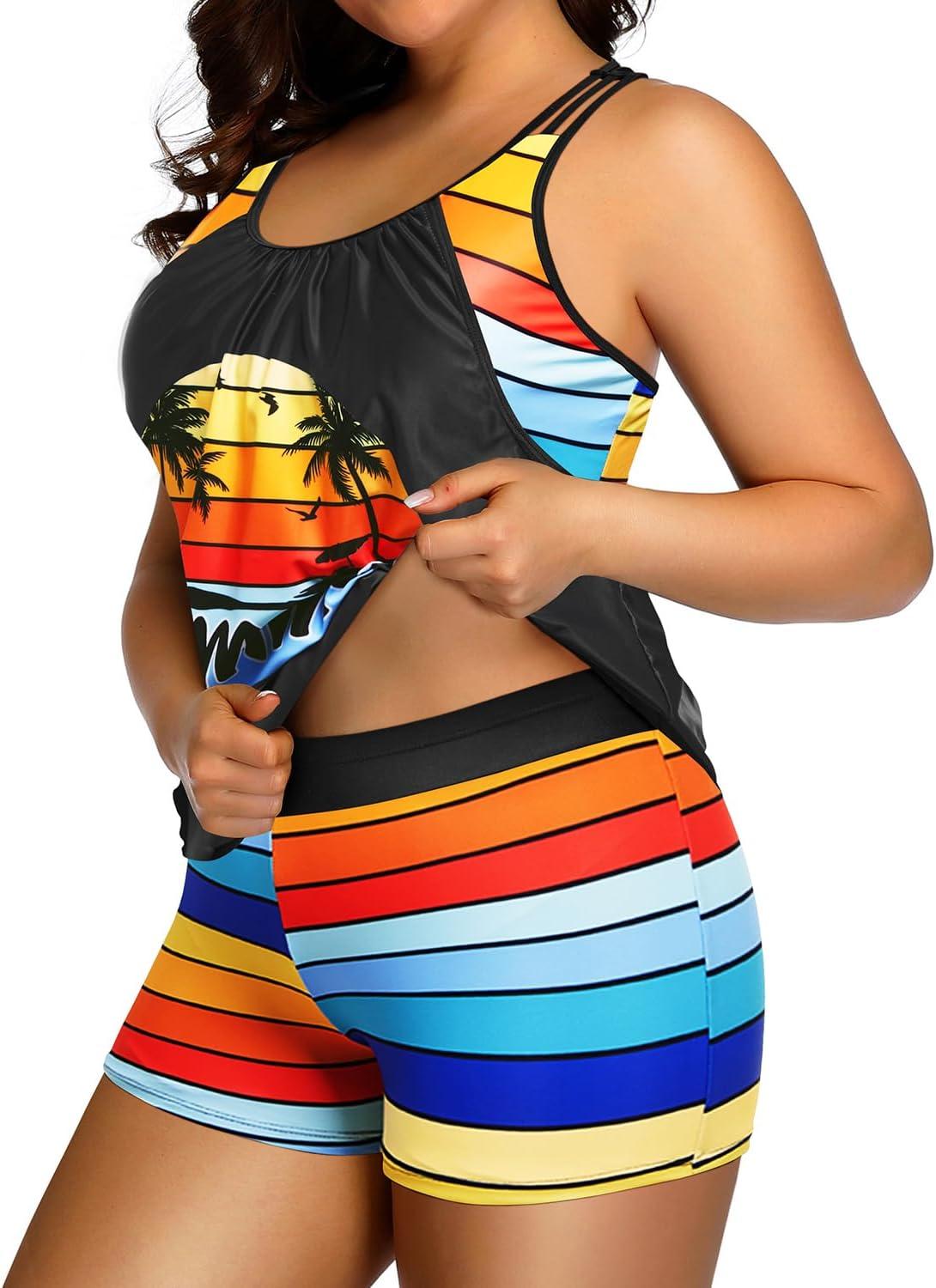 imageHolipick Plus Size Tankini Swimsuit for Women Two Piece Tummy Control Bathing Suit Blouson Racerback Tankini Top with ShortsColorful Palm Tree