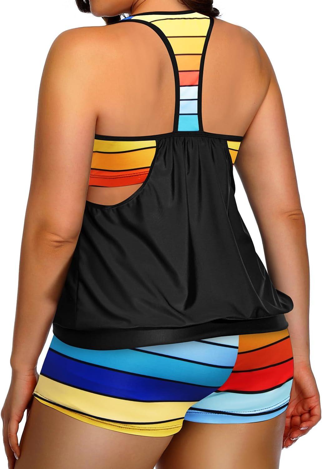 imageHolipick Plus Size Tankini Swimsuit for Women Two Piece Tummy Control Bathing Suit Blouson Racerback Tankini Top with ShortsColorful Palm Tree