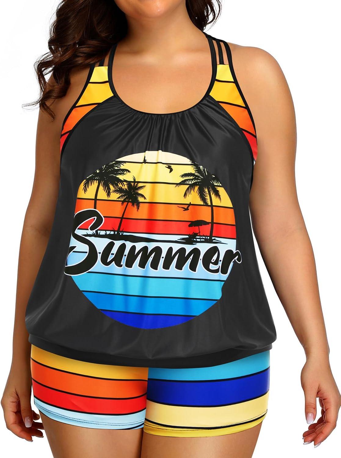 imageHolipick Plus Size Tankini Swimsuit for Women Two Piece Tummy Control Bathing Suit Blouson Racerback Tankini Top with ShortsColorful Palm Tree