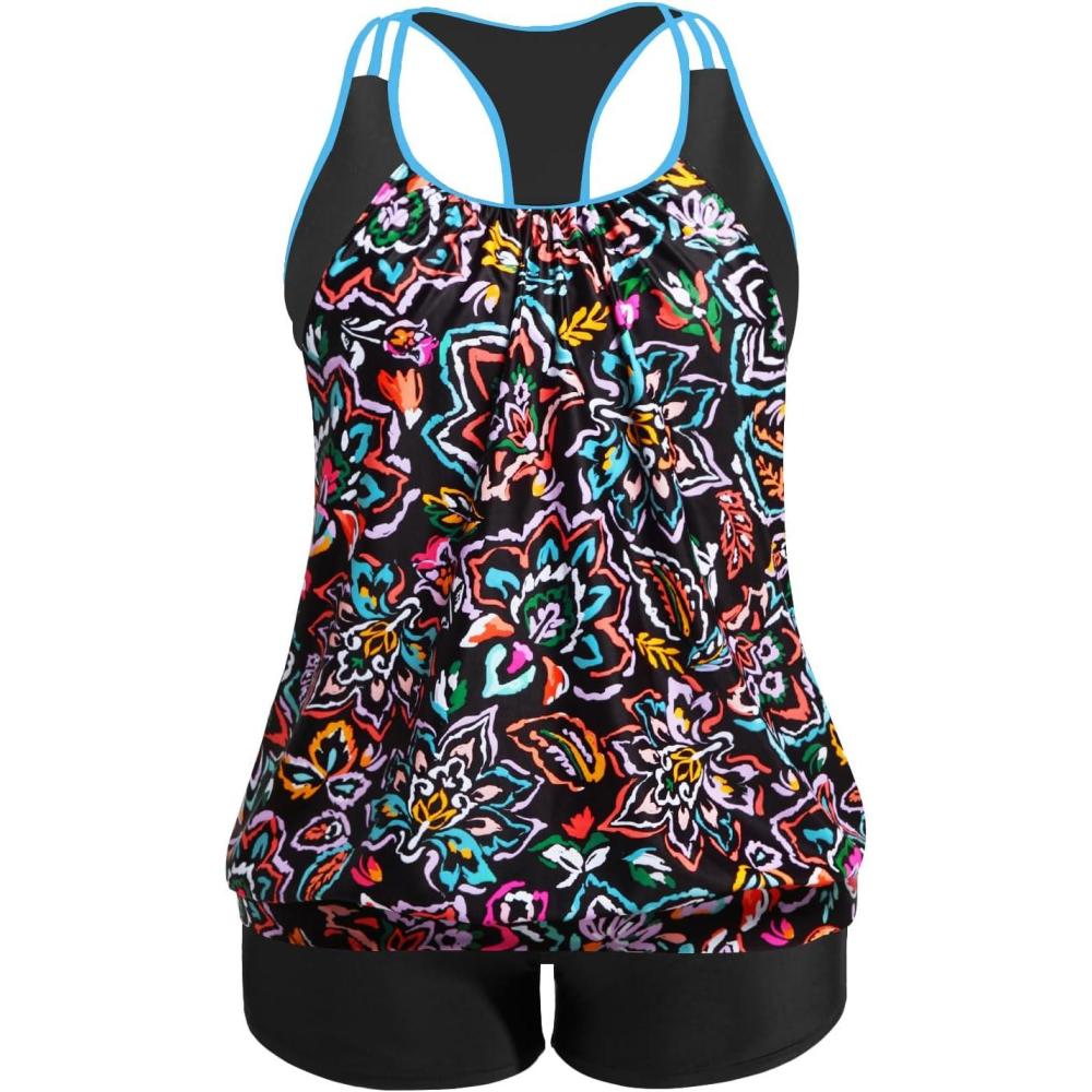 imageHolipick Plus Size Tankini Swimsuit for Women Two Piece Tummy Control Bathing Suit Blouson Racerback Tankini Top with ShortsColorful Paisley
