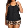 imageHolipick Plus Size Tankini Swimsuit for Women Two Piece Tummy Control Bathing Suit Blouson Racerback Tankini Top with ShortsBlack Leopard