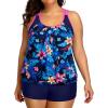 imageHolipick Plus Size Tankini Swimsuit for Women Two Piece Tummy Control Bathing Suit Blouson Racerback Tankini Top with ShortsBlue Floral Pattern