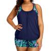 imageHolipick Plus Size Tankini Swimsuit for Women Two Piece Tummy Control Bathing Suit Blouson Racerback Tankini Top with ShortsBlue Leaves
