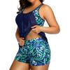 imageHolipick Plus Size Tankini Swimsuit for Women Two Piece Tummy Control Bathing Suit Blouson Racerback Tankini Top with ShortsBlue Leaves