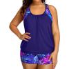 imageHolipick Plus Size Tankini Swimsuit for Women Two Piece Tummy Control Bathing Suit Blouson Racerback Tankini Top with ShortsBlue Purple Leaves