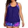 imageHolipick Plus Size Tankini Swimsuit for Women Two Piece Tummy Control Bathing Suit Blouson Racerback Tankini Top with ShortsBlue Purple Leaves