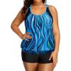 imageHolipick Plus Size Tankini Swimsuit for Women Two Piece Tummy Control Bathing Suit Blouson Racerback Tankini Top with ShortsBlue Wavy Pattern