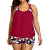 imageHolipick Plus Size Tankini Swimsuit for Women Two Piece Tummy Control Bathing Suit Blouson Racerback Tankini Top with ShortsRed Flowers Print