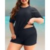 imageHolipick Two Piece Women Plus Size Rash Guard Short Sleeve Swim Shirts and Shorts UPF 50 Rashguard SwimsuitBlack