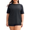 imageHolipick Two Piece Women Plus Size Rash Guard Short Sleeve Swim Shirts and Shorts UPF 50 Rashguard SwimsuitBlack Green