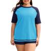 imageHolipick Two Piece Women Plus Size Rash Guard Short Sleeve Swim Shirts and Shorts UPF 50 Rashguard SwimsuitWater Blue