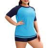 imageHolipick Two Piece Women Plus Size Rash Guard Short Sleeve Swim Shirts and Shorts UPF 50 Rashguard SwimsuitWater Blue