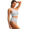 imageHolipick Women One Shoulder High Waisted Bikini Sets Two Piece Swimsuit Tummy Control Bathing Suit Full Coverage SwimwearBlack Stripes