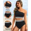 imageHolipick Women One Shoulder High Waisted Bikini Sets Two Piece Swimsuit Tummy Control Bathing Suit Full Coverage SwimwearBlack Woven