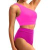 imageHolipick Women One Shoulder High Waisted Bikini Sets Two Piece Swimsuit Tummy Control Bathing Suit Full Coverage SwimwearPink