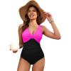 imageHolipick Women Tummy Control One Piece Swimsuit  Push Up Bathing Suit Full Coverage Slimming SwimwearHot Pink and Black