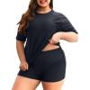imageHolipick Two Piece Women Plus Size Rash Guard Short Sleeve Swim Shirts and Shorts UPF 50 Rashguard SwimsuitBlack