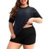 imageHolipick Two Piece Women Plus Size Rash Guard Short Sleeve Swim Shirts and Shorts UPF 50 Rashguard SwimsuitBlack Green
