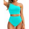 imageHolipick Women One Shoulder High Waisted Bikini Sets Two Piece Swimsuit Tummy Control Bathing Suit Full Coverage SwimwearAqua