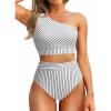 imageHolipick Women One Shoulder High Waisted Bikini Sets Two Piece Swimsuit Tummy Control Bathing Suit Full Coverage SwimwearBlack Stripes