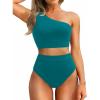 imageHolipick Women One Shoulder High Waisted Bikini Sets Two Piece Swimsuit Tummy Control Bathing Suit Full Coverage SwimwearTeal