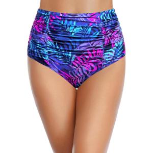 imageHolipick Bathing Suit Bottoms for Women  High Waisted Bikini Bottoms Ruched Tummy Control Swimsuit BottomPurple Leaves