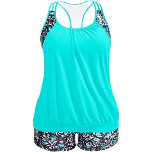 imageHolipick Plus Size Tankini Swimsuit for Women Two Piece Tummy Control Bathing Suit Blouson Racerback Tankini Top with ShortsAqua Floral