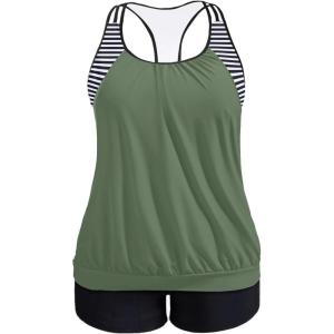 imageHolipick Plus Size Tankini Swimsuit for Women Two Piece Tummy Control Bathing Suit Blouson Racerback Tankini Top with ShortsArmy Green